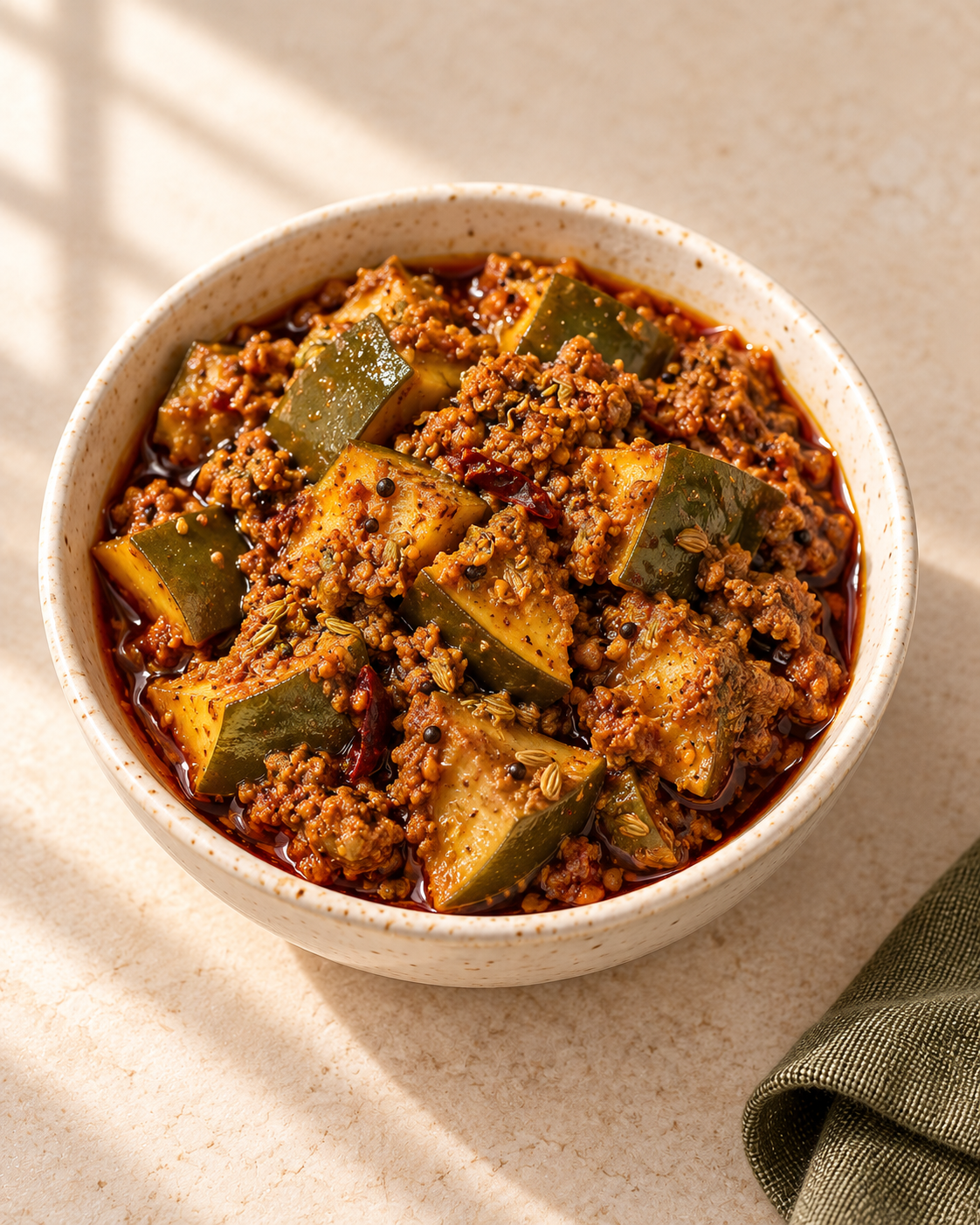 Sour mango pickle with mustard oil and spices in an ivory bowl
