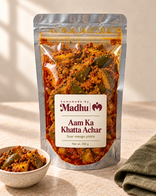 Aam Ka Khatta Achar 200 g pouch with Homemade by Madhu branding