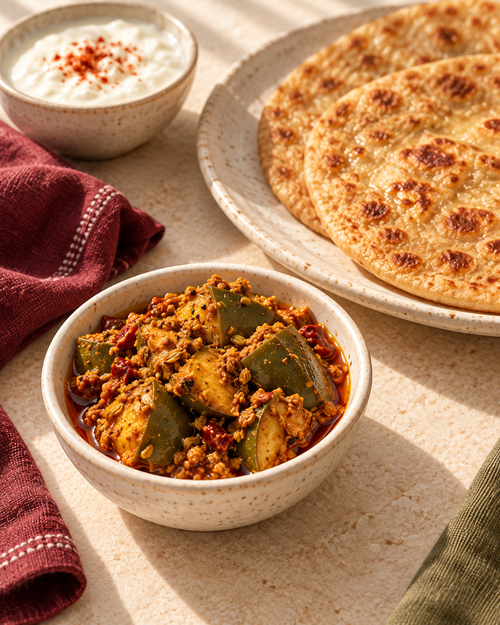 Aam Ka Khatta Achar served with paratha and curd