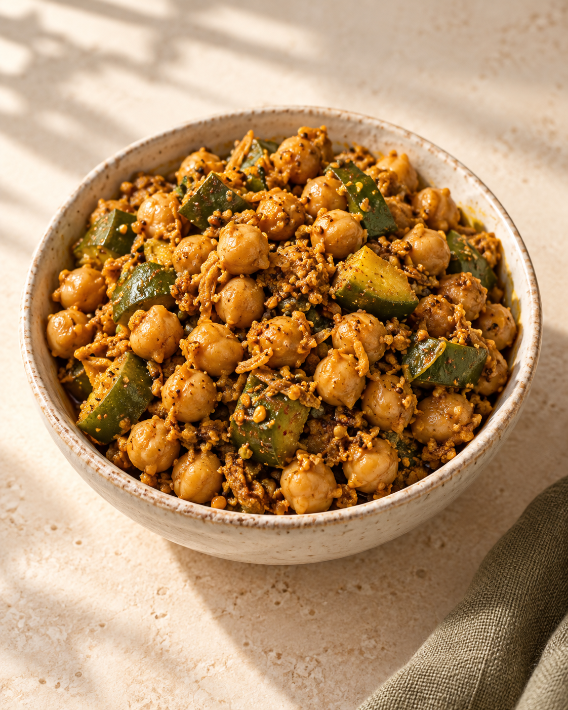 Chana Ka Achar with chickpeas and raw mango in an ivory bowl