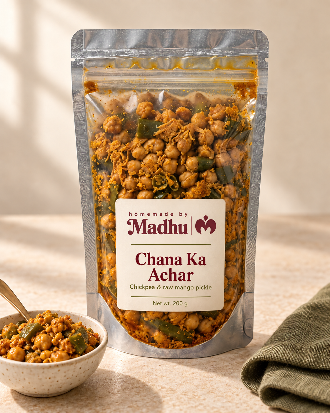 Chana Ka Achar 200 g pouch with ivory Homemade by Madhu label