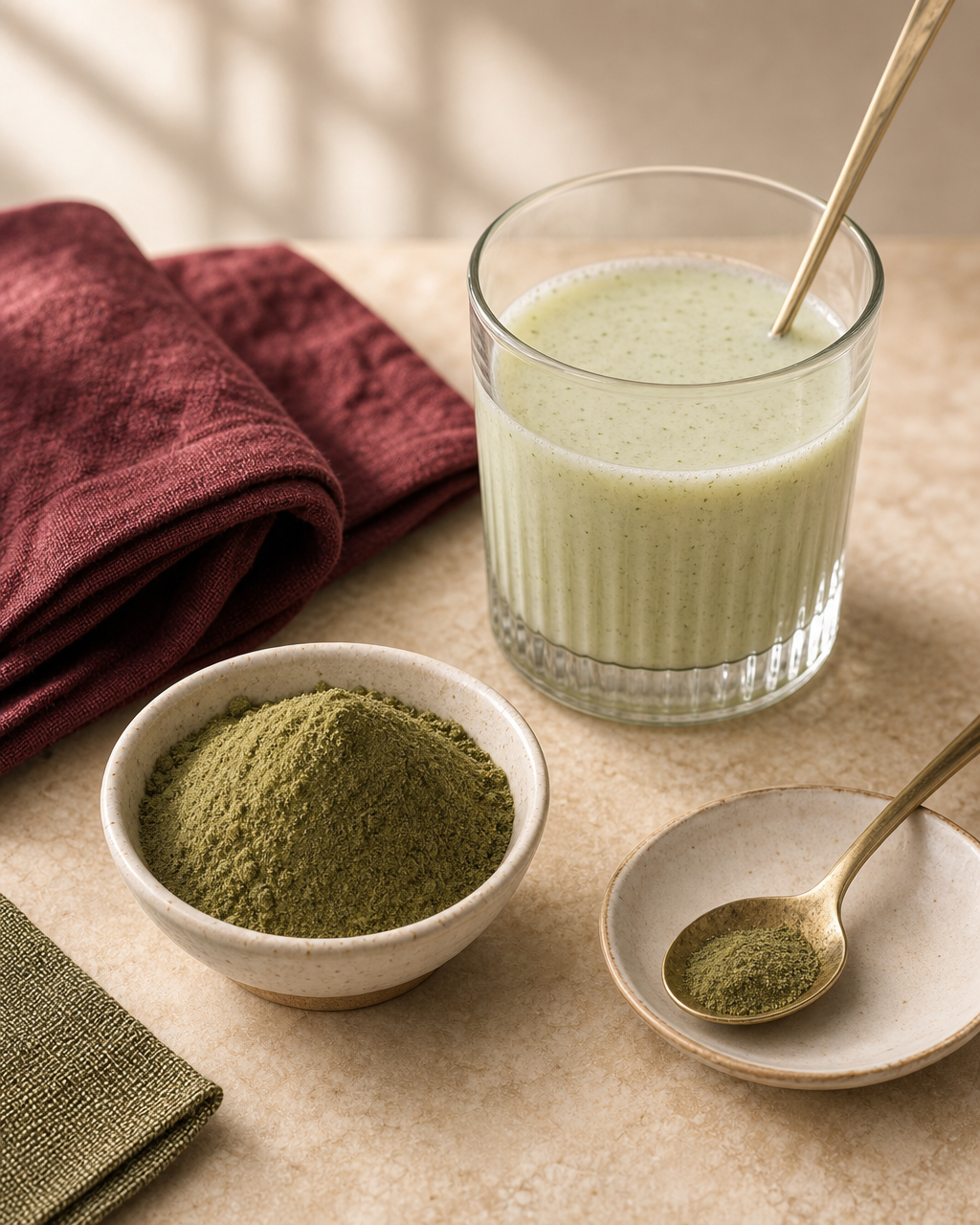Moringa leaf powder alongside a glass of buttermilk