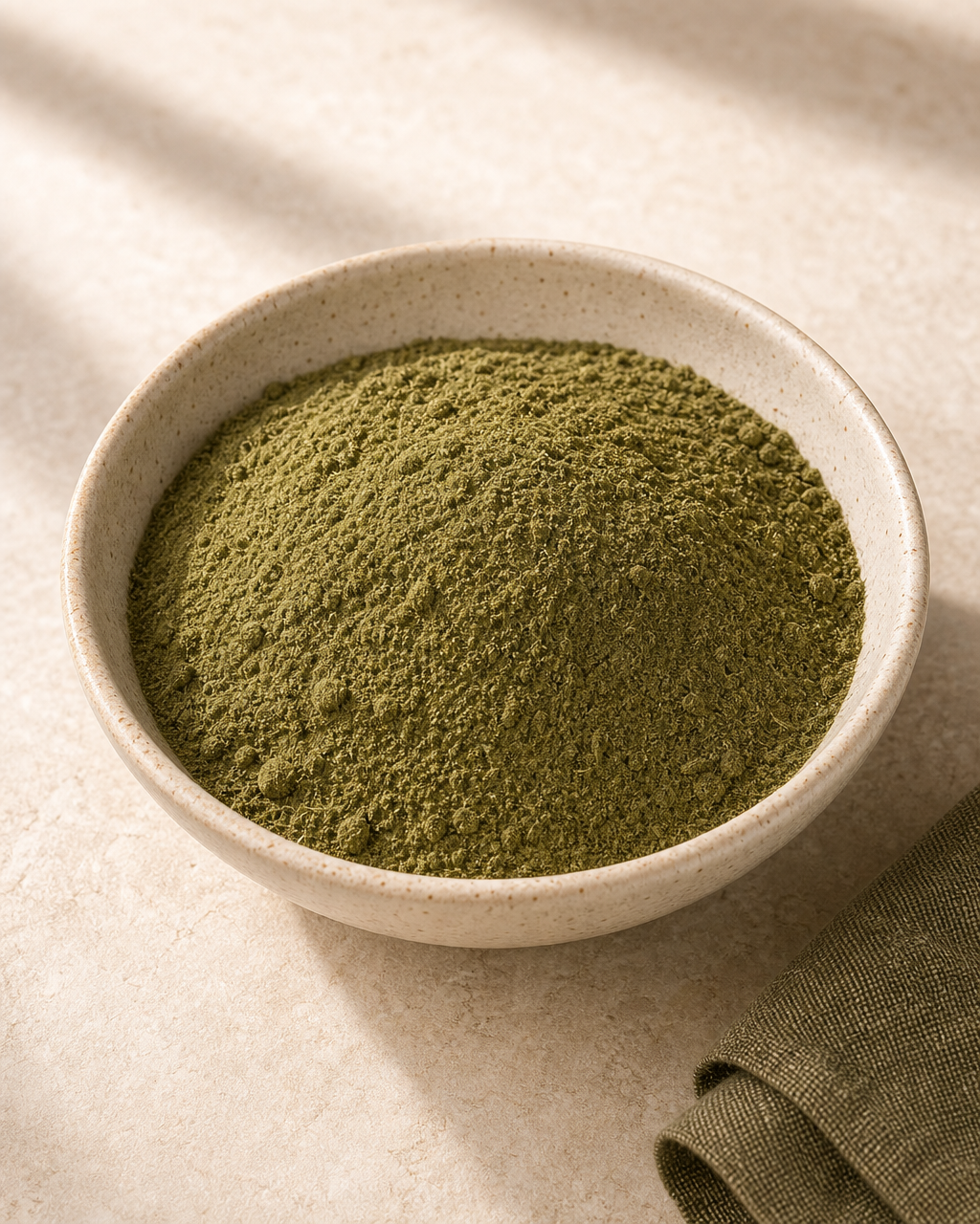 Dried moringa leaf powder in an ivory bowl
