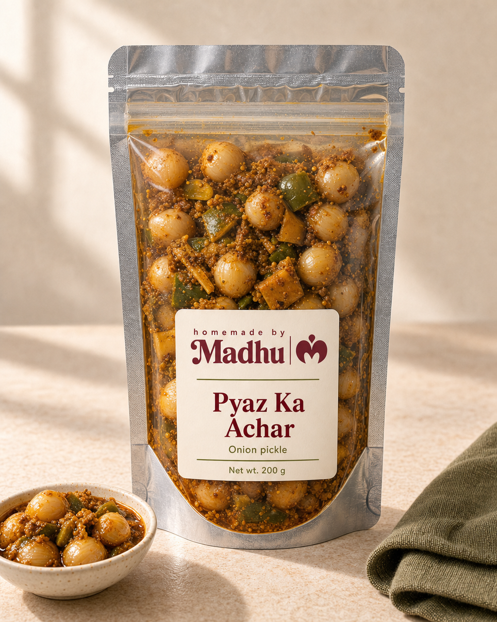 Pyaz Ka Achar 200 g pouch with Homemade by Madhu branding
