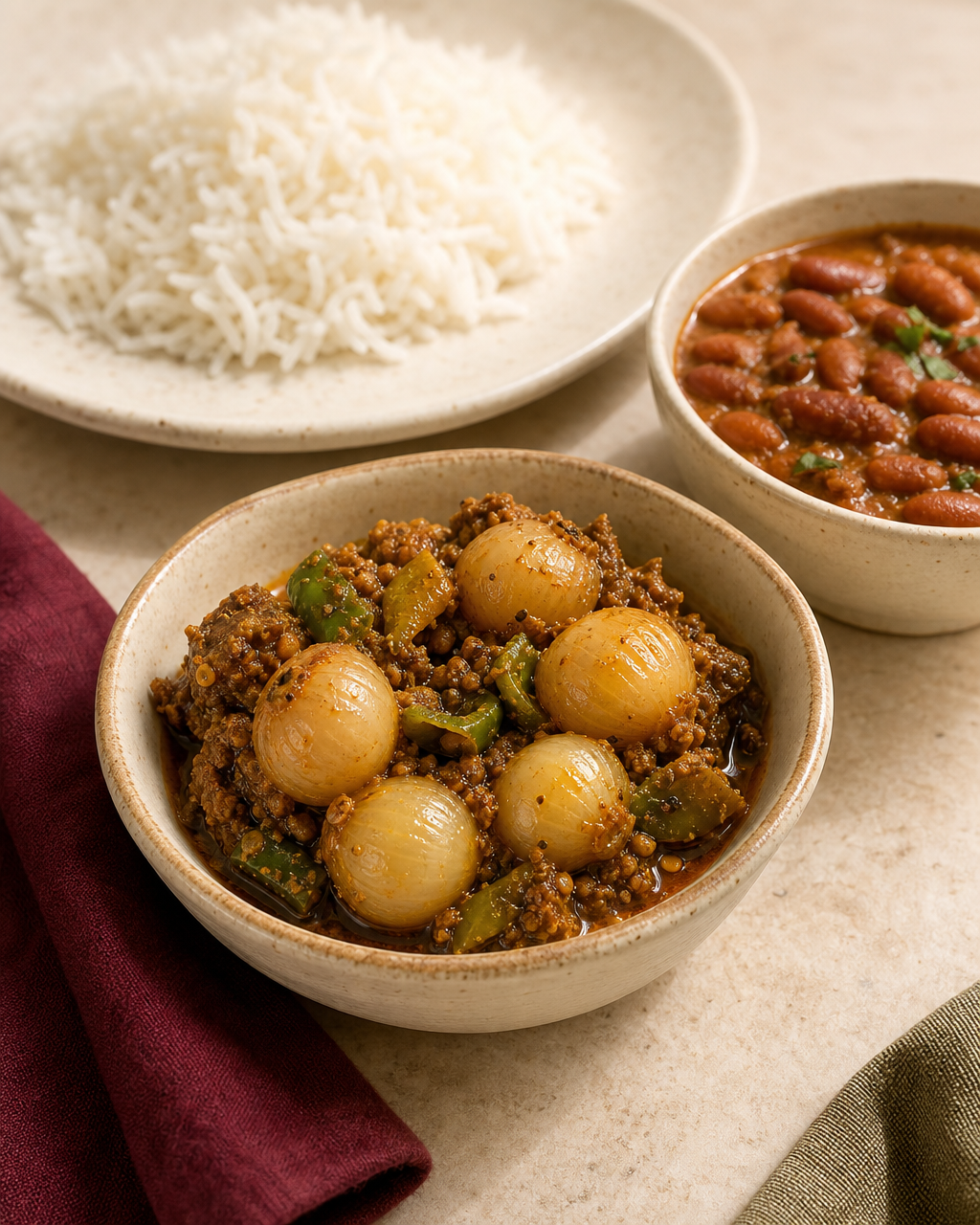 Onion pickle served alongside rajma and rice